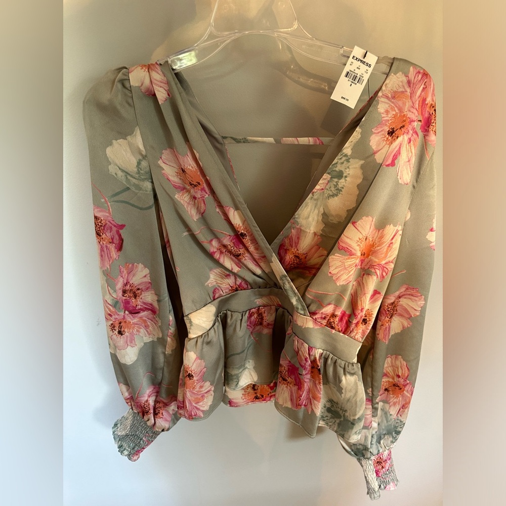 Express NWT pink and sage green blouse. Open tie-back. Size small.